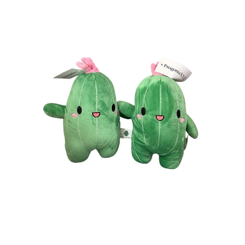 2 Cuddly Cactus Stuffed Plant Plush with Smile Face and Pink Flower Cacti 8" NWT